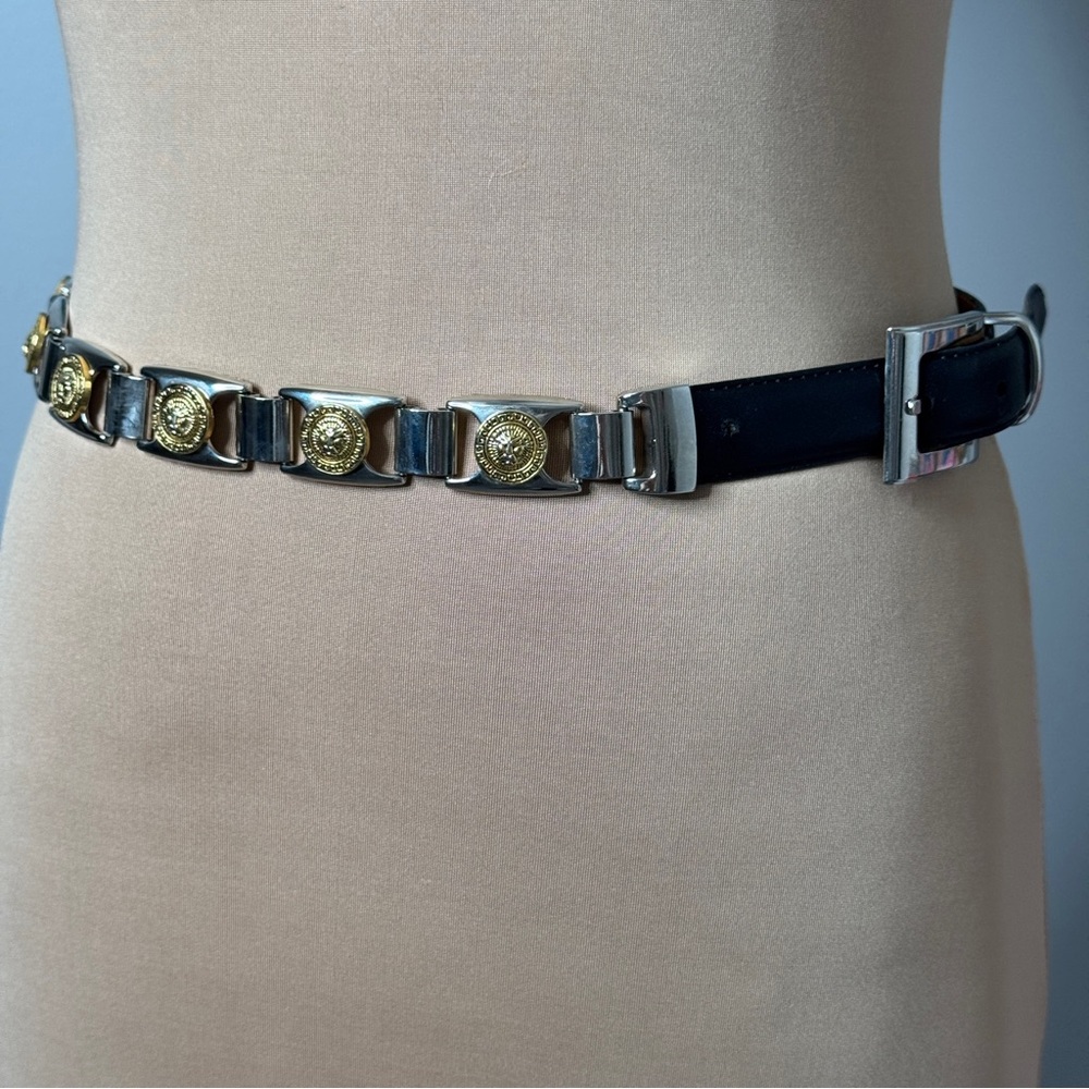 Vintage 90s Lion Lions Face Black Leather Medal Women Buckle Belt Golden Silver - Picture 11 of 12